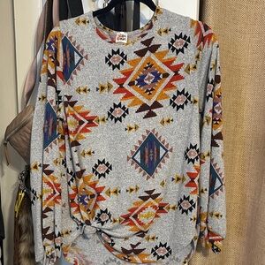 Aztec Print Long Sleeve Top - Gray Multicolor